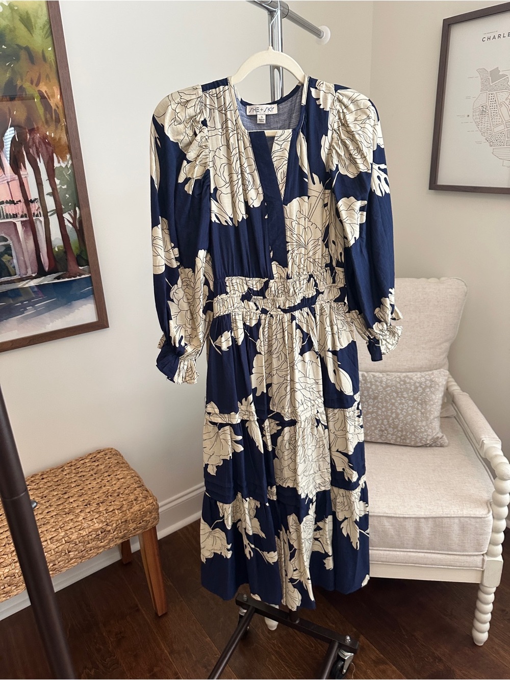 She + Sky Navy and Cream Floral Tiered Long-Sleeve Midi Dress